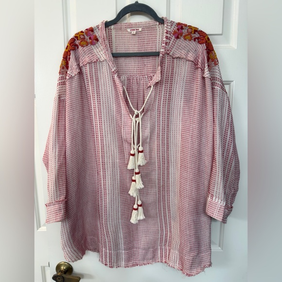 Johnny Was Red and White Striped Tunic with Embroidery - perfect condition! - Picture 3 of 8